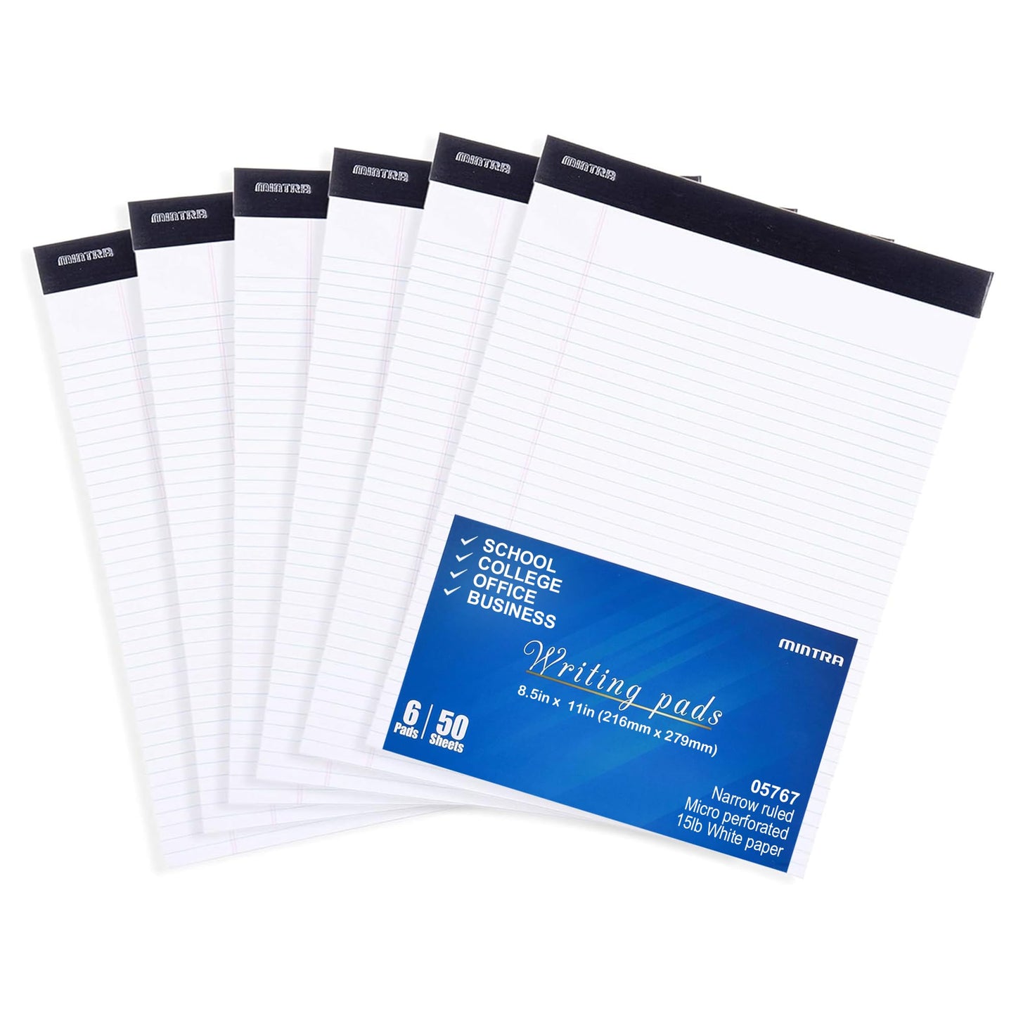 Mintra Office White Legal Pads – Ruled Notepads and Micro-Perforated Sheets, Ideal for Writing, Note-Taking & Creativity, Office, or Professional Use, Basic Pad 6 pack, 8.5"x11" (Narrow Ruled)