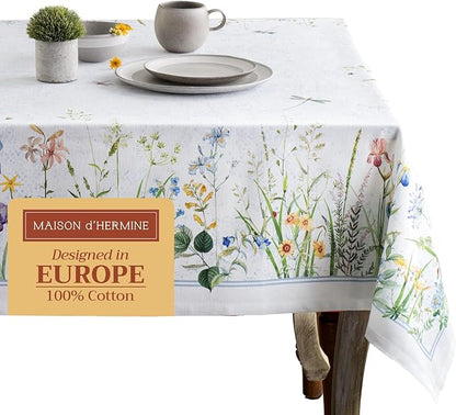 Maison d' Hermine Table Cloth Square Table 100% Cotton 60 x 60 Inches Tablecloth Reusable Decorative for Dining Room, Farmhouse, Home, Party, Festive & Wedding Spring Summer - Fleurs De Mai