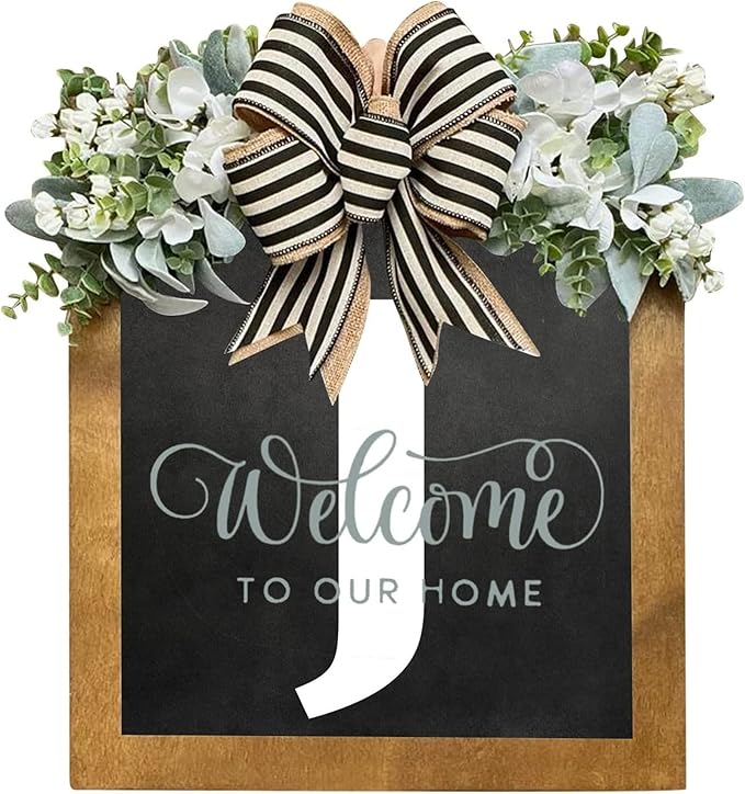 16'' Personalized Last Name Welcome Sign, Door Wreaths for Front Door Outside, Spring Wreath for Front Door Decor, Farmhouse New Home Gifts for Home (J)