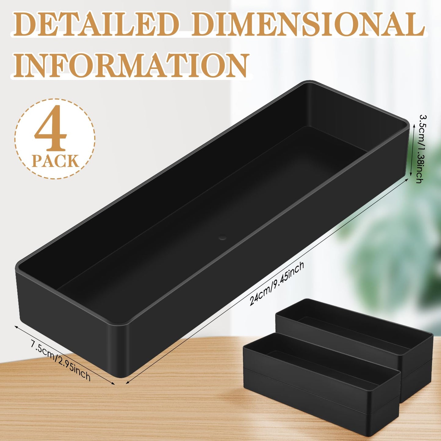 Teling Large Rectangular Desk Organizer Set, Half Accessory Tray, Plastic Tabletop Organizer for Office, Home, or Study, Dimensions: 9.45 x 2.95 x 1.38 Inches(4 Pcs,Black)