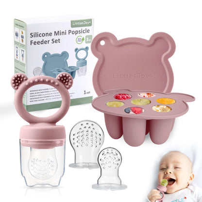 LittlesJoy Silicone Baby Fruit Feeder & Freezer Tray Set, Baby Breast Milk Popsicle Mold for purees, Baby Teething Relief for Toddler BPA Free for 3 Month+, Additional Silicone Pouches (Dusty Lilac)