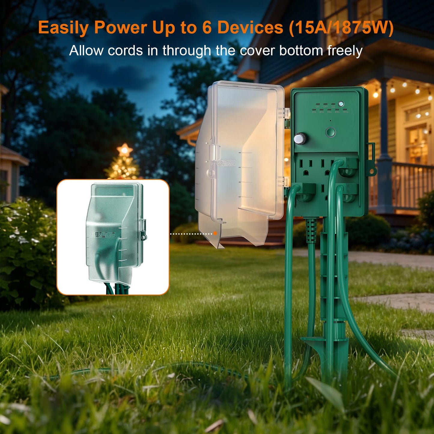 SURAIELEC Outdoor Power Stake, Dusk to Dawn Light Timer, 6 Electrical Outlet Power Strip Waterproof, 6 ft Extension Cord for Patio Lights, Sprinkler, Garden, Christmas Decorations, Outdoor Light