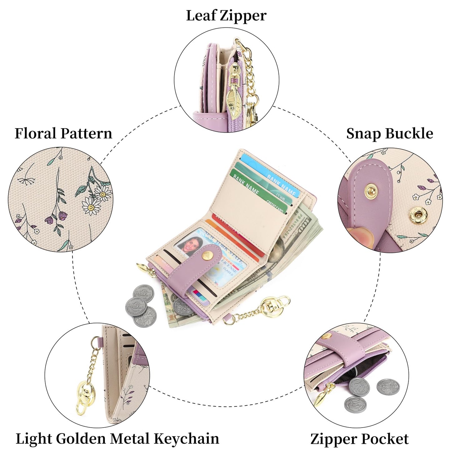 GAEKEAO Small Wallet for Women RFID Blocking Bifold Card Holder Vegan Leather with Zipper Coin Pocket, ID Window, Keychain