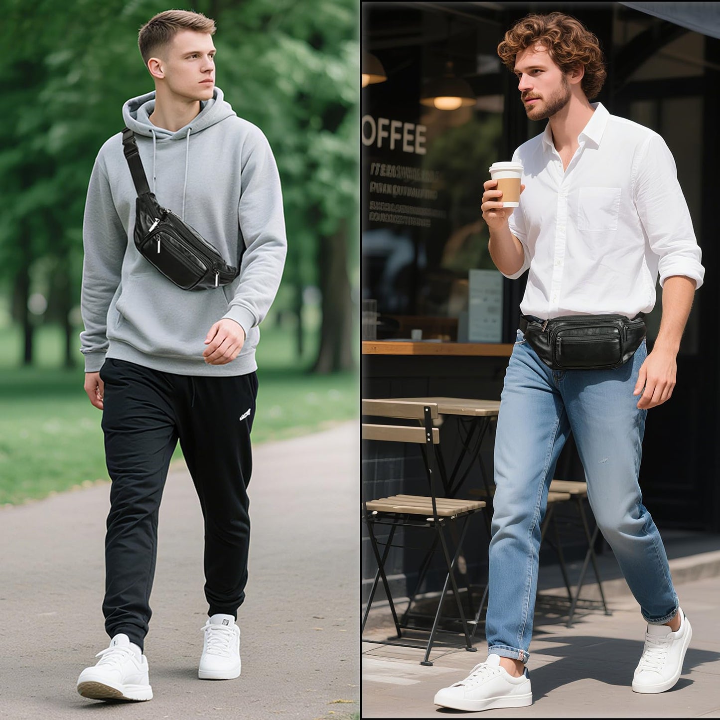 Genuine Leather Fanny Pack Men Women Multi-Pockets sling Waist Bag For Travel Sports Hiking Cycling Fishing Running Black Small