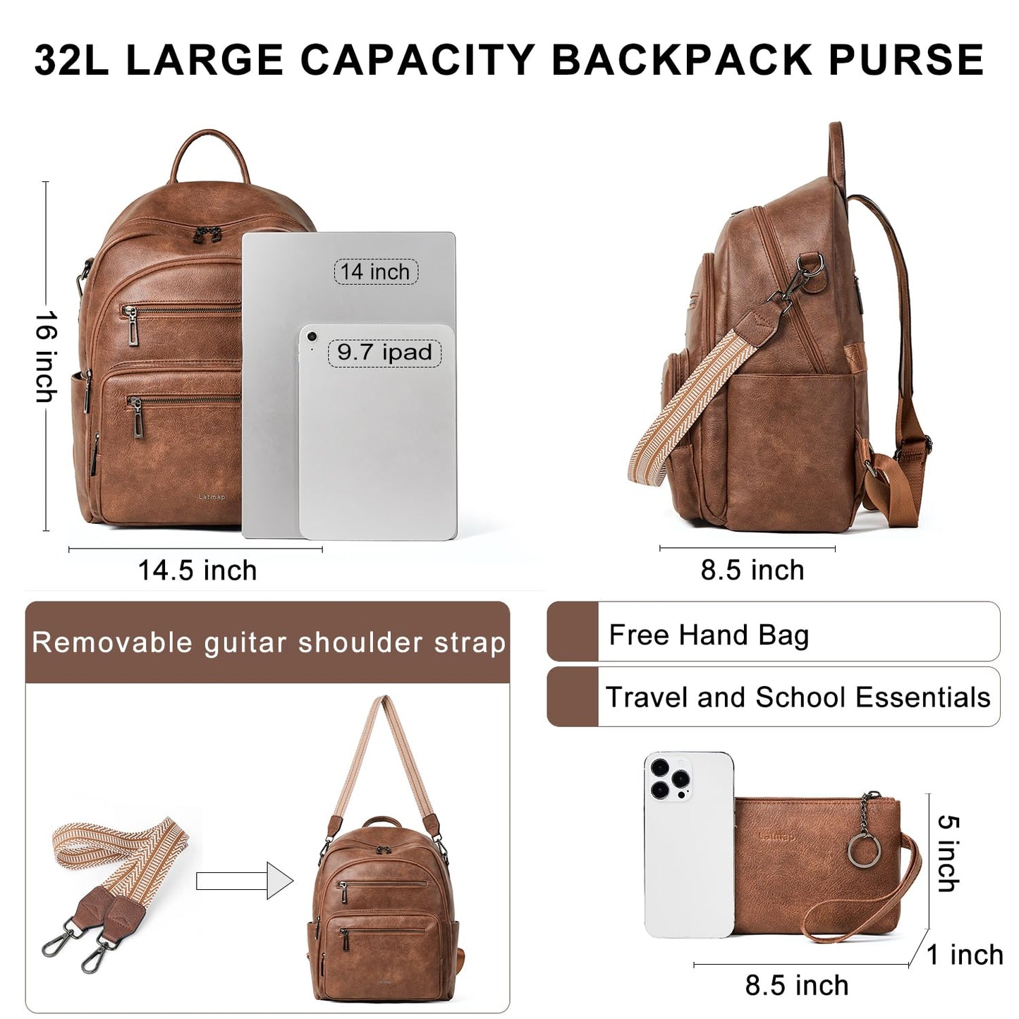 LATMAP Backpack Purse for Women Laptop Backpack, Leather Travel Backpack Shoulder Bag Teacher College Daypack Work Handbag fits 14" Laptop-Brown