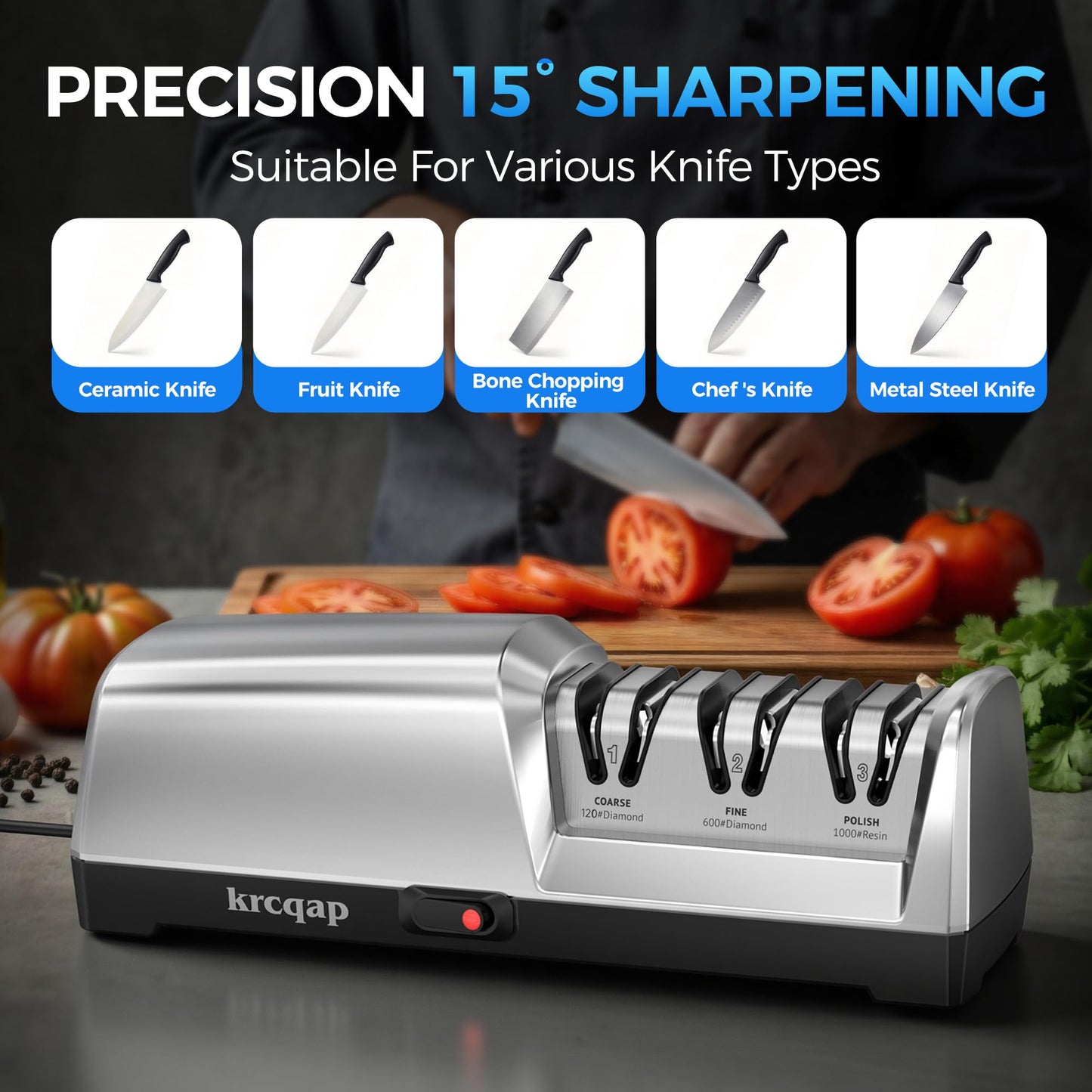 Knife Sharpener Electric for Kitchen - 3-Stage Kitchen Knife Sharpener - 15°Precision Angle Guide Knife Sharpeners - Stainless Steel Grinding Head-Portable and Useful-Fast Sharpening, Repair, Polish