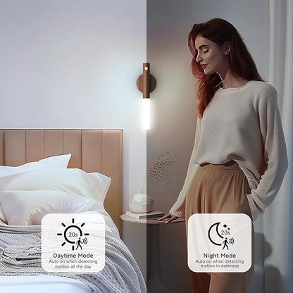 Battery-Operated Wall Sconce Wall Lights: 2200mAh Rechargeable Motion Sensor Magnetic Wireless Stairway Lights Portable Hallway Light Wooden Wall Lighting for Bedroom Stair(White Light)