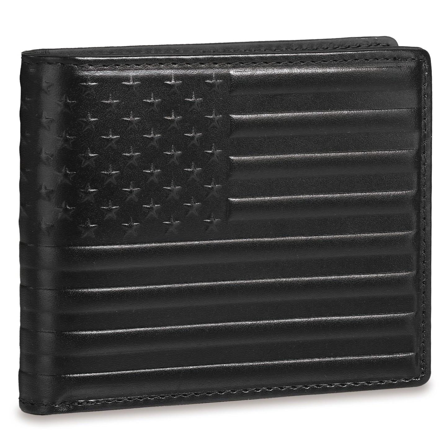 Pefiam Full Grain Leather Wallet for Men, RFID Blocking, Bifold with 2 ID Windows, 13 Card Slots, American Flag Wallet Black