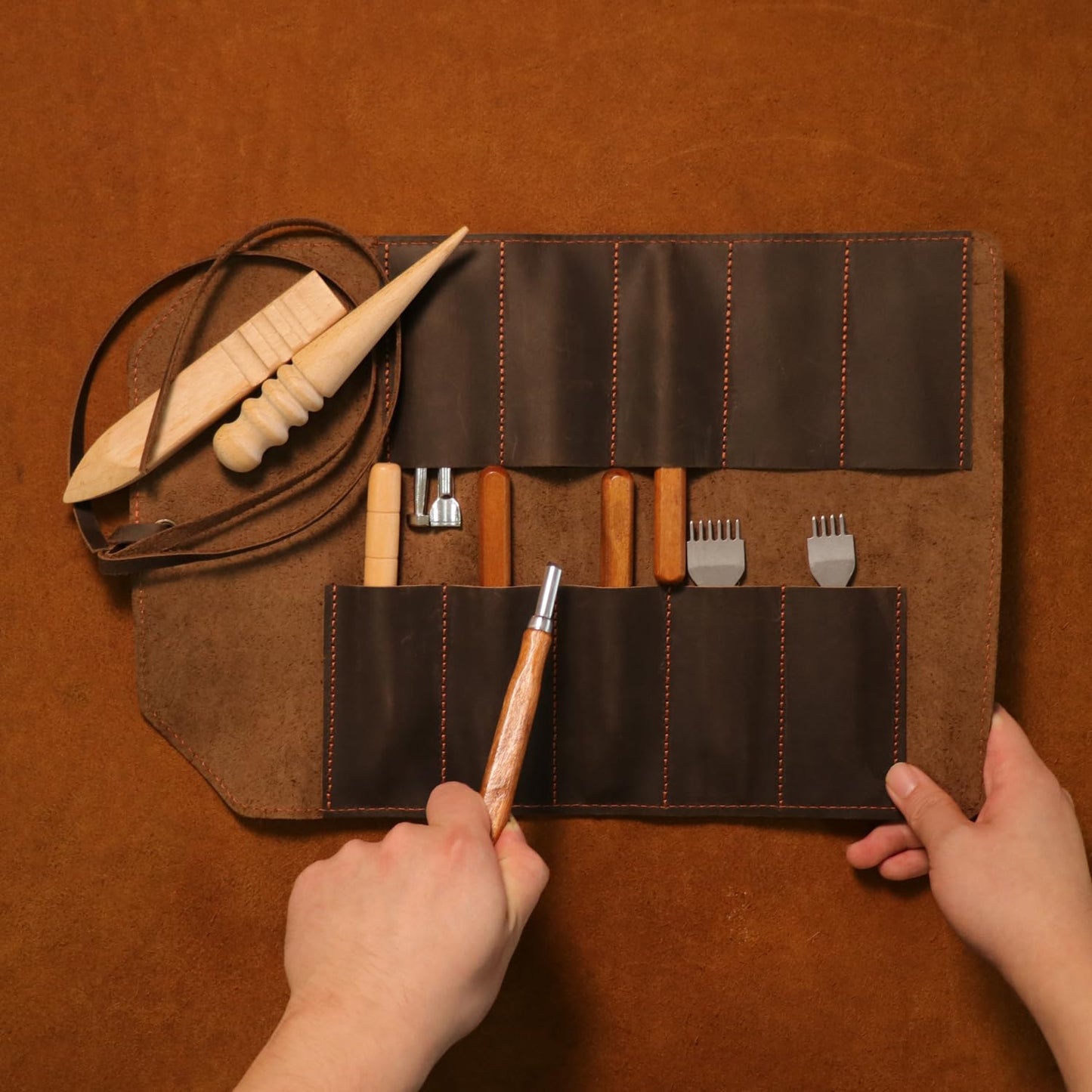 Tourbon Full Leather Knife Roll Carving Tool Organizer Craft Carrier Storage Bag Case with 10 Slots