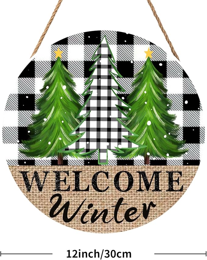 Buffalo Plaid Door Sign - 12in Pine Trees Wood Hanger for Outdoor Porch Rustic Winter Trees Hanging Plaque for Home Wall Decor