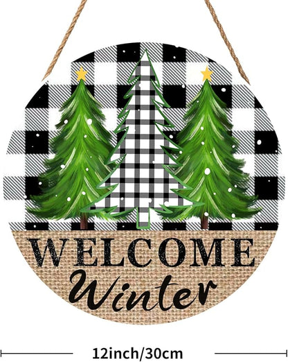 Buffalo Plaid Door Sign - 12in Pine Trees Wood Hanger for Outdoor Porch Rustic Winter Trees Hanging Plaque for Home Wall Decor