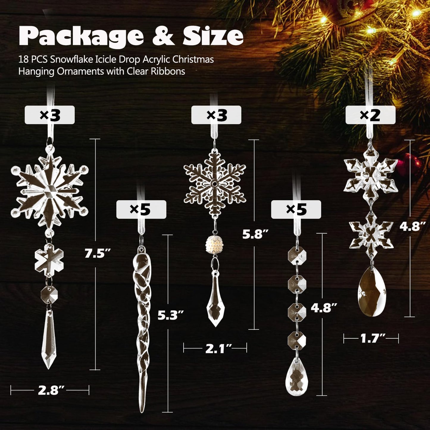 PPRAFDD 18PCS Clear Christmas Snowflake Icicle Hanging Ornaments Acrylic Crystal Christmas Tree Decorations with Drop Pendants for Xmas Winter Wonderland New Year Party Supplies