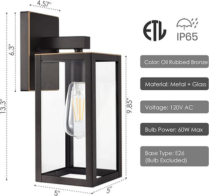 GRUENLICH Waterproof Large Outdoor Wall Lanterns, Modern Porch Sconces with Clear Glass Shade, E26 Socket Max 60W, IP65, Metal Frame, for Patio, Front Door, Entryway, Oil Rubbed Bronze Finish, 1-Pack