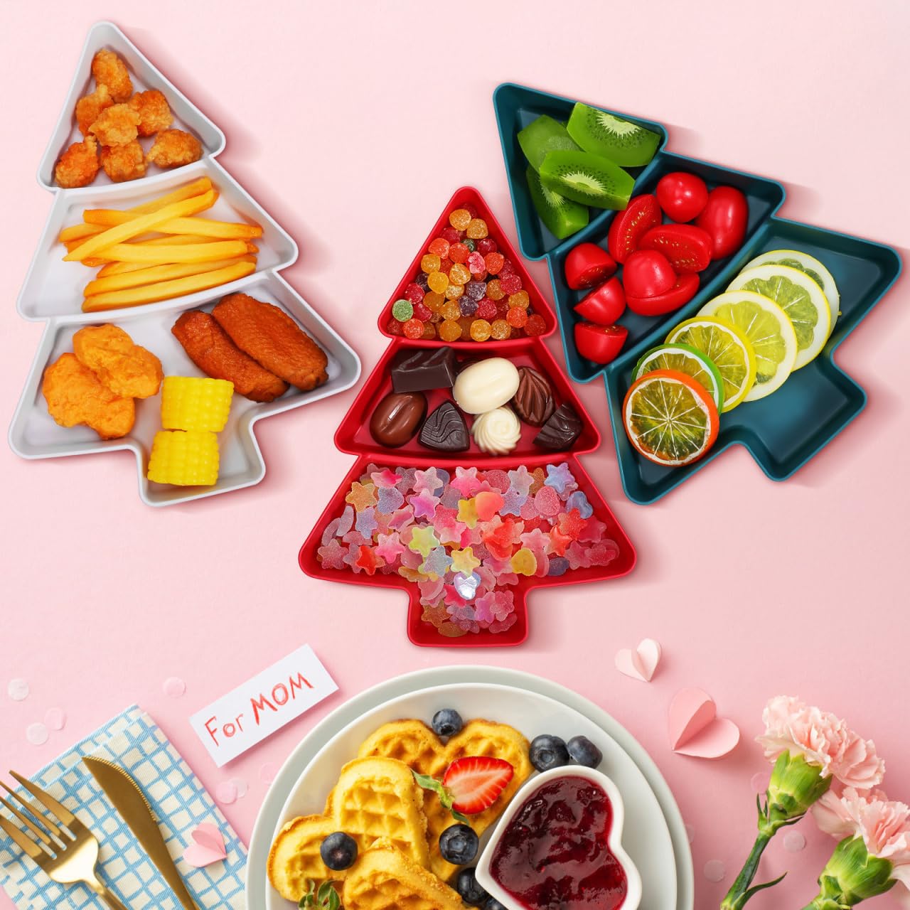 DEARMAMY Christmas Tree Snack Tray Set of 3 - Red Green White Plastic Divided Serving Plates for Holiday Parties, Candy, Nuts, Fruits, And Appetizers, Christmas Tree Shaped Platters for Entertaining