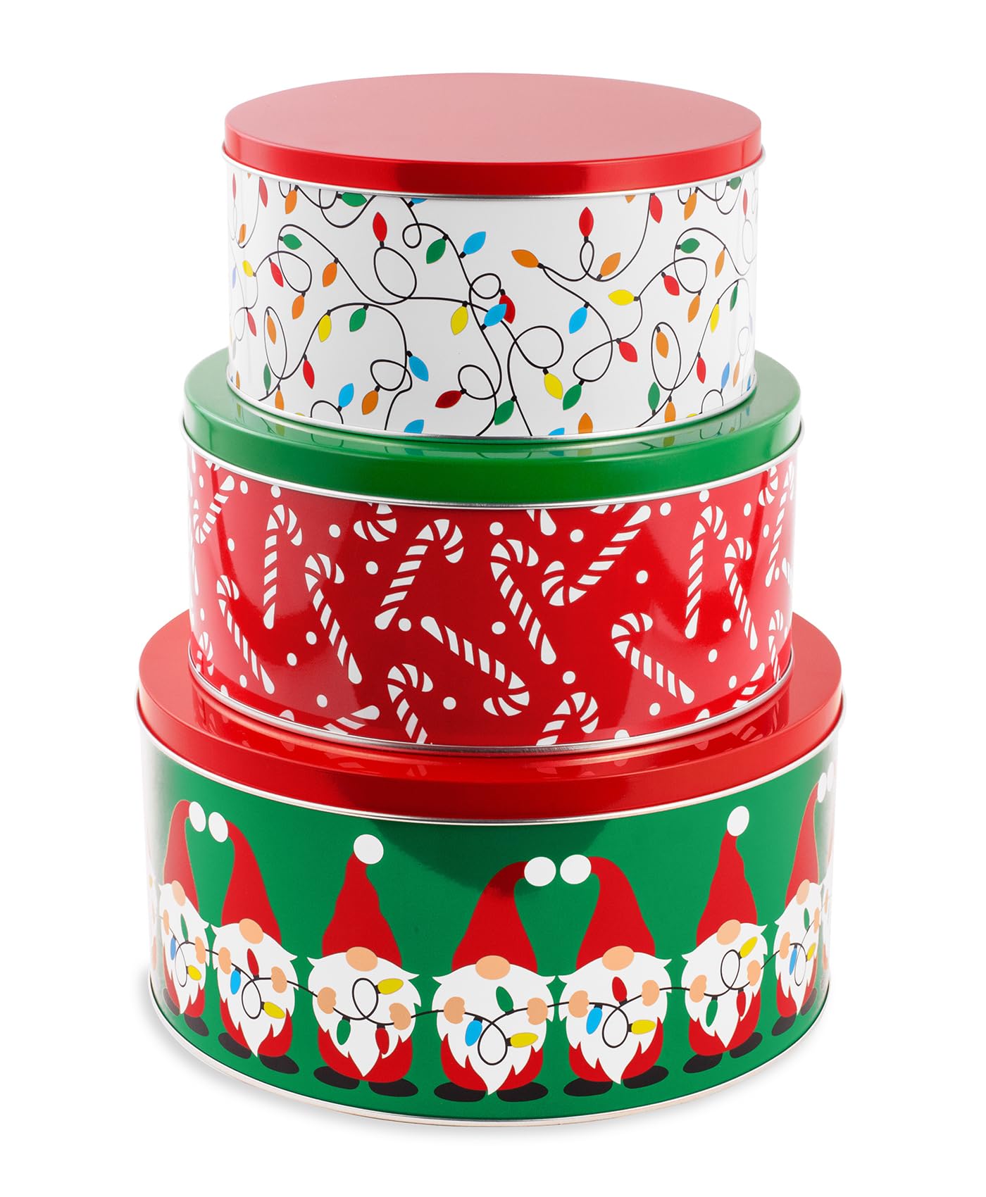 Steel Mill & Co Tin Containers with Lids, 3 Pack Christmas Cookie Tins, Festive Cookie Tins for Gift Giving & Holiday Treats, Round Metal Nesting Containers, Large Medium Small (Gnome)