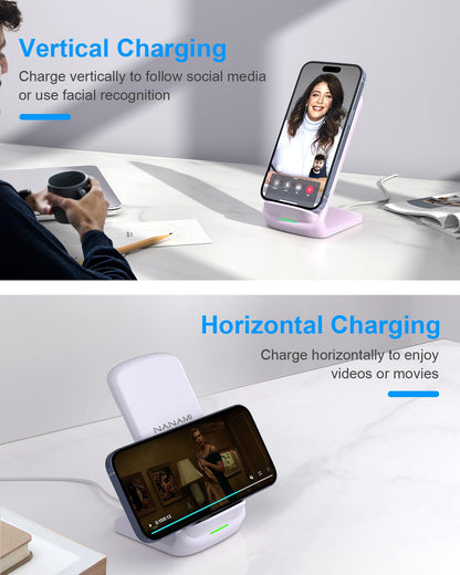 NANAMI Upgraded Fast Wireless Charger, Qi-Certified Wireless Charging Stand Compatible with Samsung Galaxy S25/S24/S23/S22/S21/S20 & Qi Phone Charger for iPhone 17/17 Air/16/16 Plus/16 Pro/15/14/13