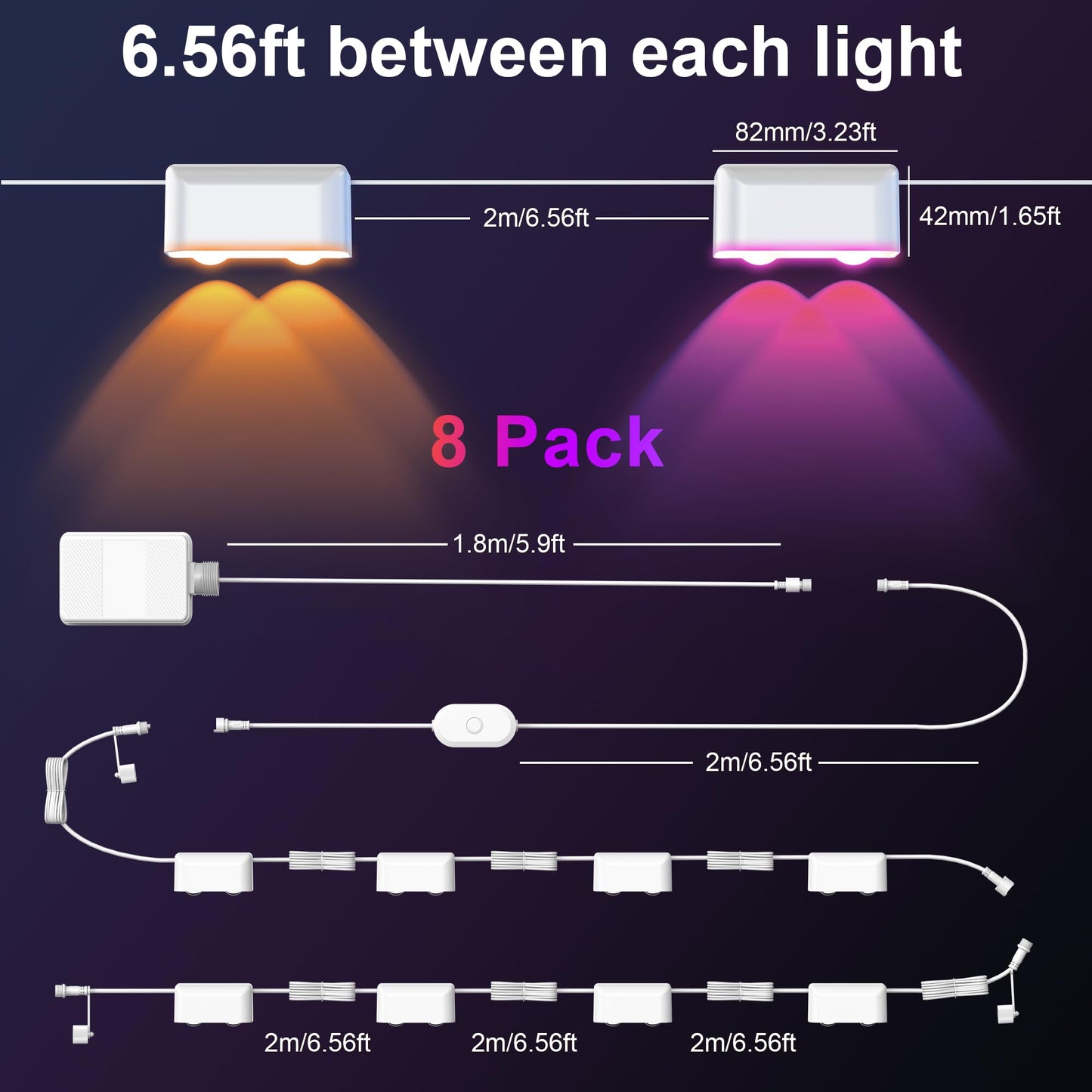 KIALUSH Outdoor Deck Lights, 8 Lights Smart Fence Lights Compatible with Alexa & Google Home, IP65 LED Patio Deck Lighting with Remote, Fence Lighting Music Sync for Patio Yard Garden(52.4ft)