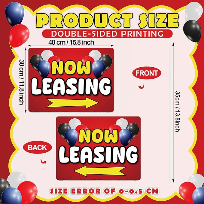Ripeng 3 Pcs Leasing Double Sided Yard Signs with Arrow 16 x 12 Inch Yard Signs with Stakes for Outdoor Office Retail Store Restaurant Bar Hotel (Now Leasing)