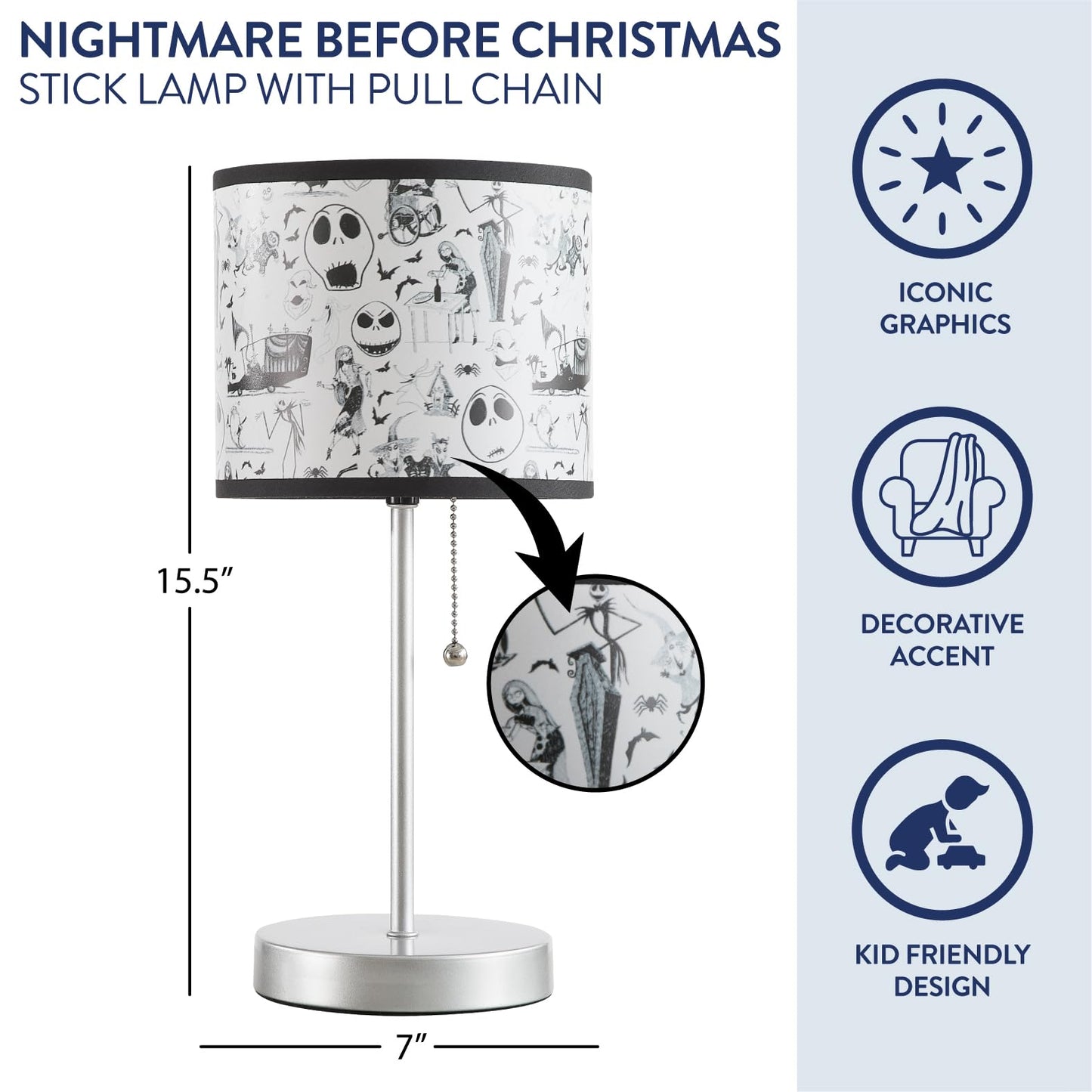 Idea Nuova Table Lamp for Kids, Stick Lamp with Printed Shade & Pull Chain, Bedroom or Nursery Nightstand Lighting,Nightmare Before Christmas