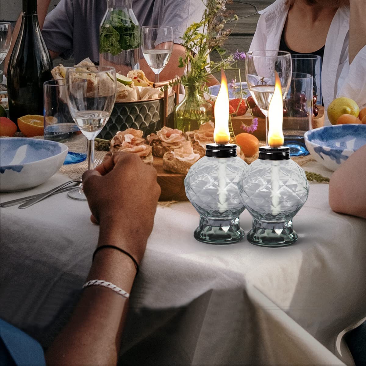 DIKAIDA 4 Pack Glass Table Torches, Citronella Table Top Torches with Wick and Cap for Outdoor, Refillable Landscape Lanterns for Yard, Patio, Christmas, Garden, Party Decor