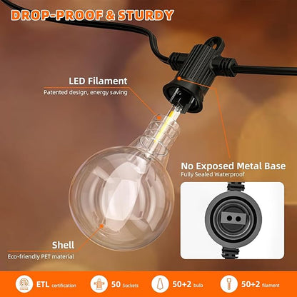 Kawaya Outdoor String Lights 50 FT LED Patio Light with 25+2 Shatterproof Edison Globe Bulbs - IP65 Waterproof Dimmable Hanging Lights - 2700K Warm White Lighting for Outside Porch Deck Bistro Cafe