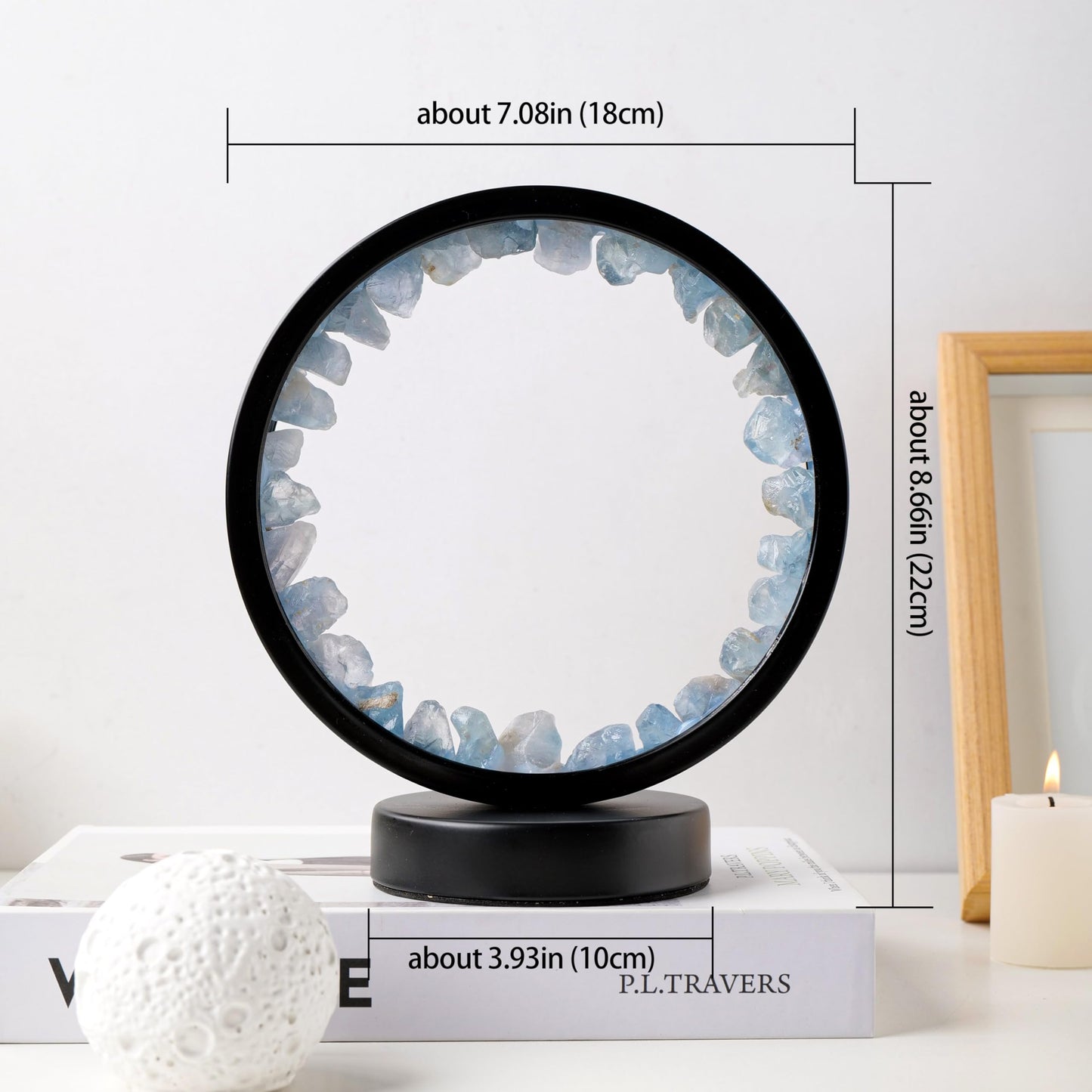 Runyangshi Celestite Night Light 8.6" Natural Healing Crystal Bedside USB Port 3 Colours Dimming Mode Bedroom Lamp Suitable Night Lamp Ideal Gift