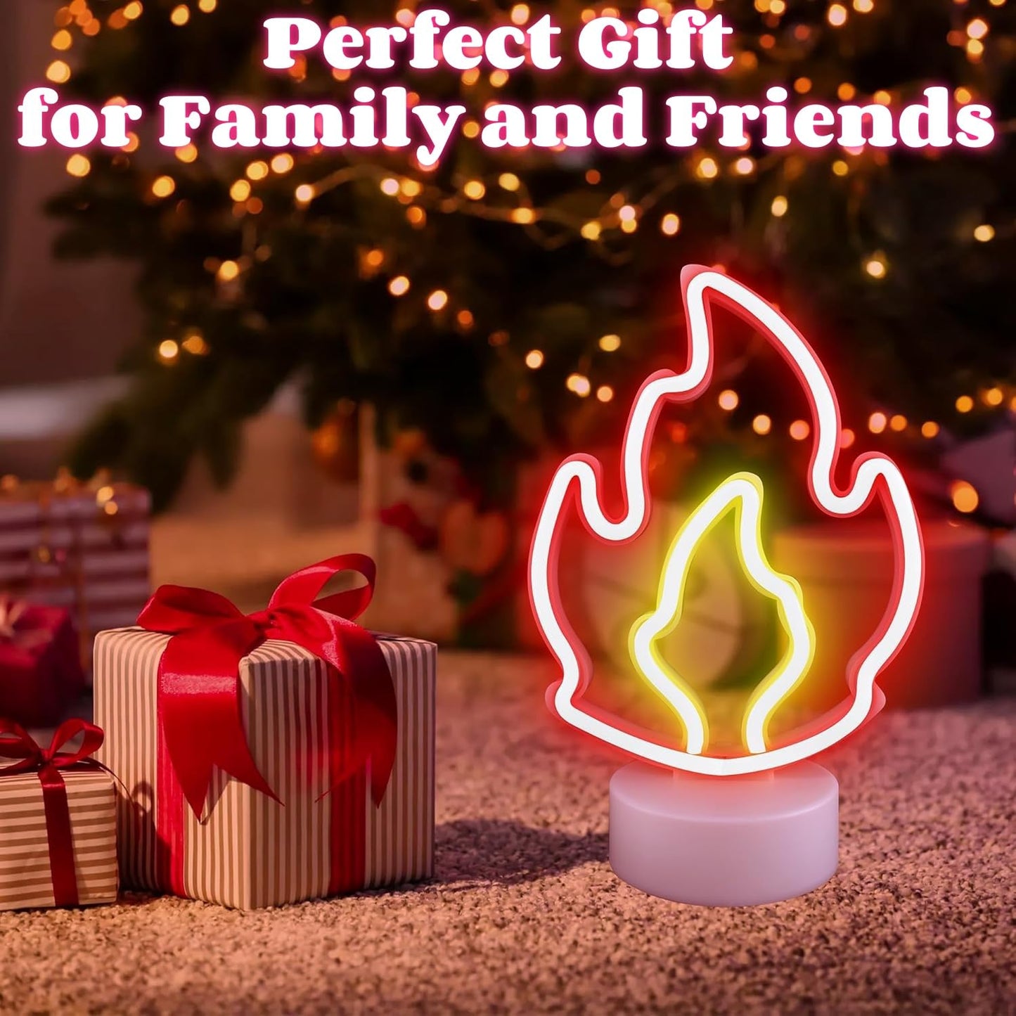 AurGun Fire Flame Neon Sign with Base, LED Fire Neon Lights for Room Decor, USB & Battery Powered Table Lamp Flame Led Light Sign for Home, Bedroom, Party, Birthday, Christmas Decor, Kids Gift