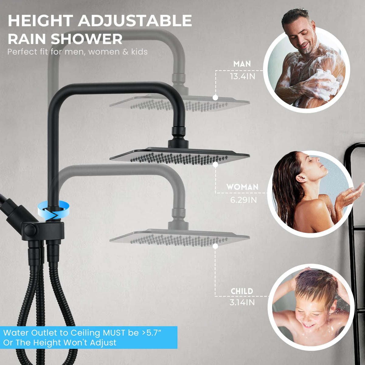 Ryamen Dual Shower Head Combo, 8'' High Pressure Rain Shower Head with Handheld Spray, 6+1 Spray Settings Handheld Showerhead, Height Adjustable, One-touch Pause Button, Matte Black