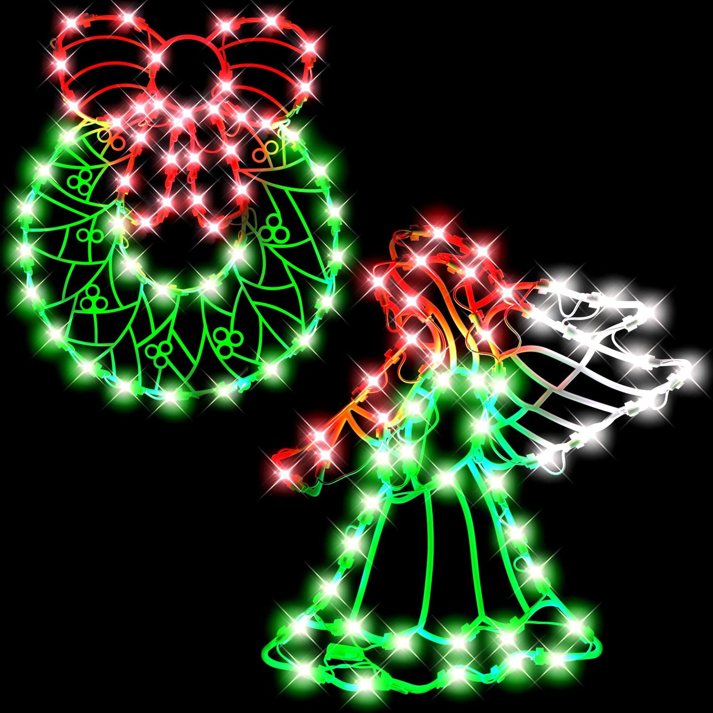 SUPHONOR 16" Christmas Window Silhouette LED Lights Decorations, Pack of 2 Sign Lighted Wreath and Angel Christmas Window Lights for Indoor Wall Door Glass Decor, Window Hanging Lights