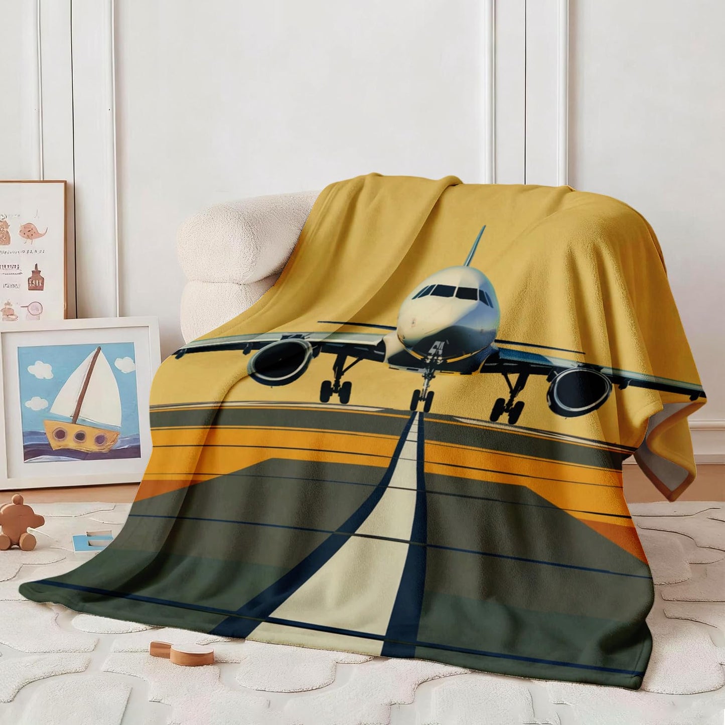 Airplane Airport Blanket for Boys Girls, Soft Fleece Throw Blanket for Kids Toddler Bed, Funny Gifts for Christmas Birthday Bedroom Decor, 50"x60"