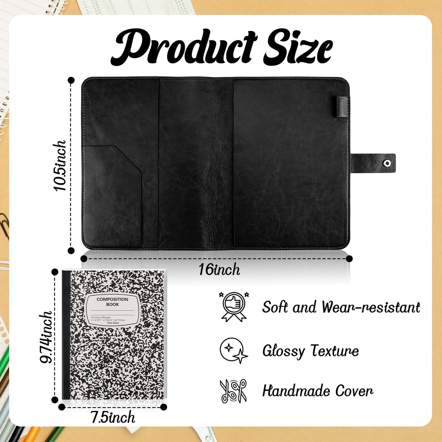 SKLENICE PU Leather Composition Notebook Cover 9 3/4 X 7 1/2 in With Composition Book 100 Sheets Vintage Rustic Distressed PU Leather Journal Notebook Cover Portfolio For School Office Home (Black)