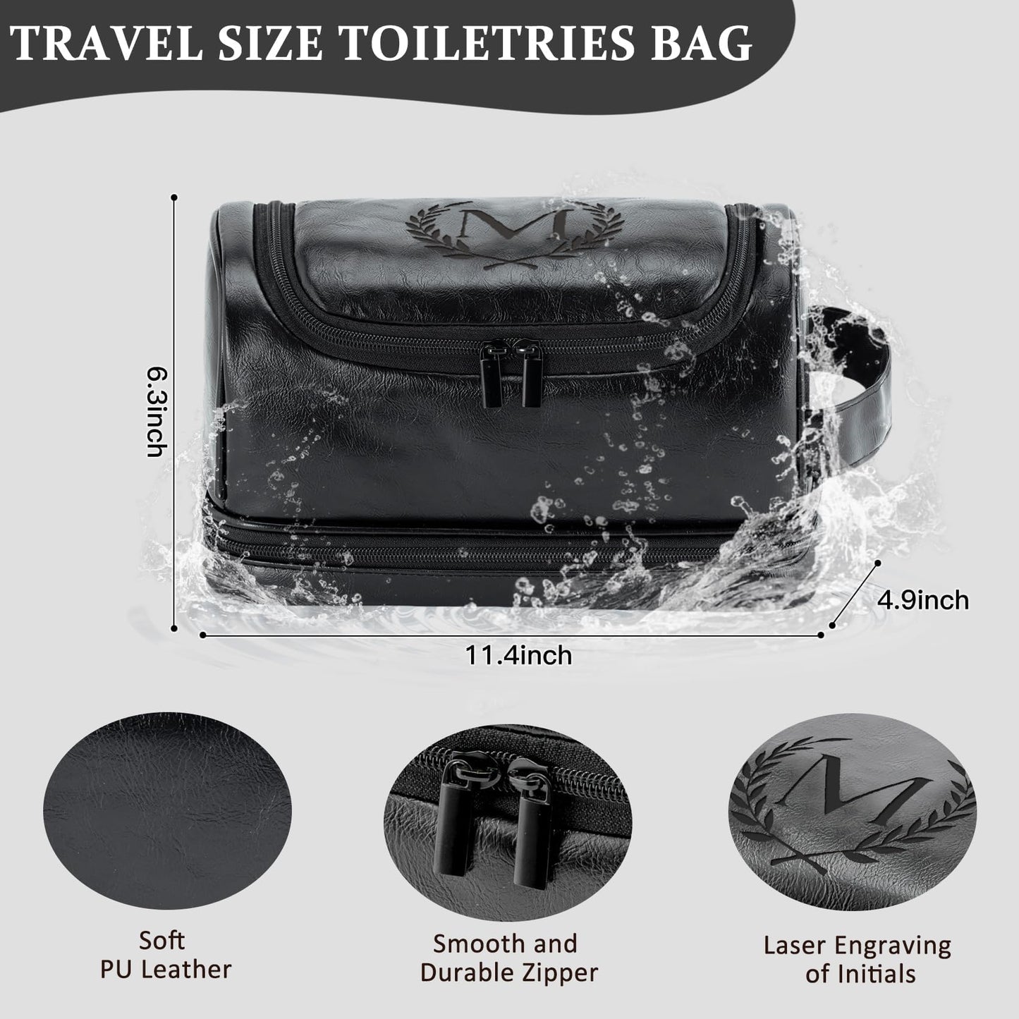 Aganmi Personalized Gifts Travel Toiletry Bag for Men Him, Laser-Engraved Initial PU Leather Waterproof Shaving Bag Christmas Birthday Gift for Men Dad Husband Boyfriend Groomsmen, Black M