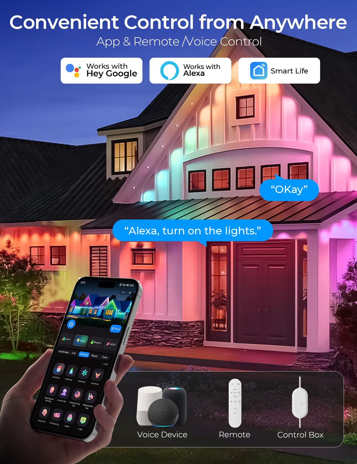 SMAVISTA Smart Permanent Outdoor Lights Pro, 50ft 30LED RGB+IC+Warm/Cool White for Daily, 100+ Scene Modes, Waterproof Eaves Light for Halloween Christmas Decor, Works with Alexa, Google Assistant