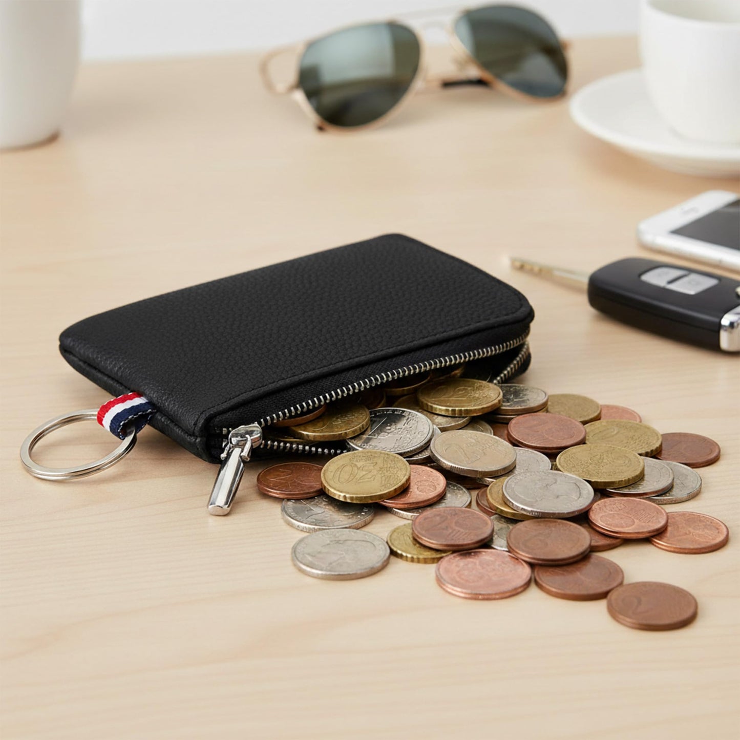 Genuine Leather Mini Coin Purse Keychain, Small Change Pouch Wallet with Clip Ring and Inner Key Holder, Compact Coin Wallet for Keys, Coins, Cash (Black)
