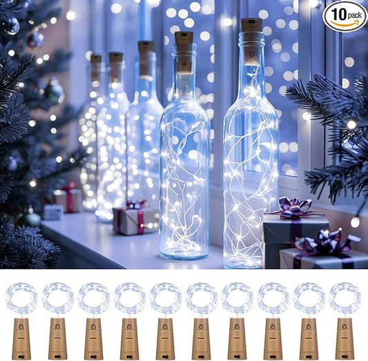 10 Pack Bottle Lights with Cork, 20 LED 7ft Cool White Copper Wire String Lights for Wine Bottles, Battery Operated Decorative Fairy Lights for DIY, Home, Party, Wedding Decor (Cool White)