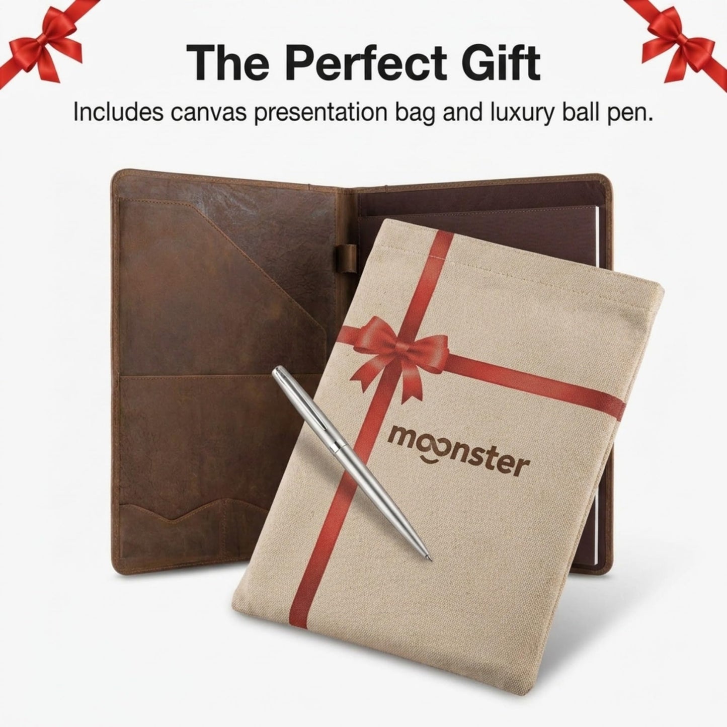 Moonster Leather Portfolio Professional Organizer Padfolio – Resume Folder with Luxury Pen - Leather Binder Portfolio Writing Pad with Business Card Holder - Portfolio Folder for Men & Women