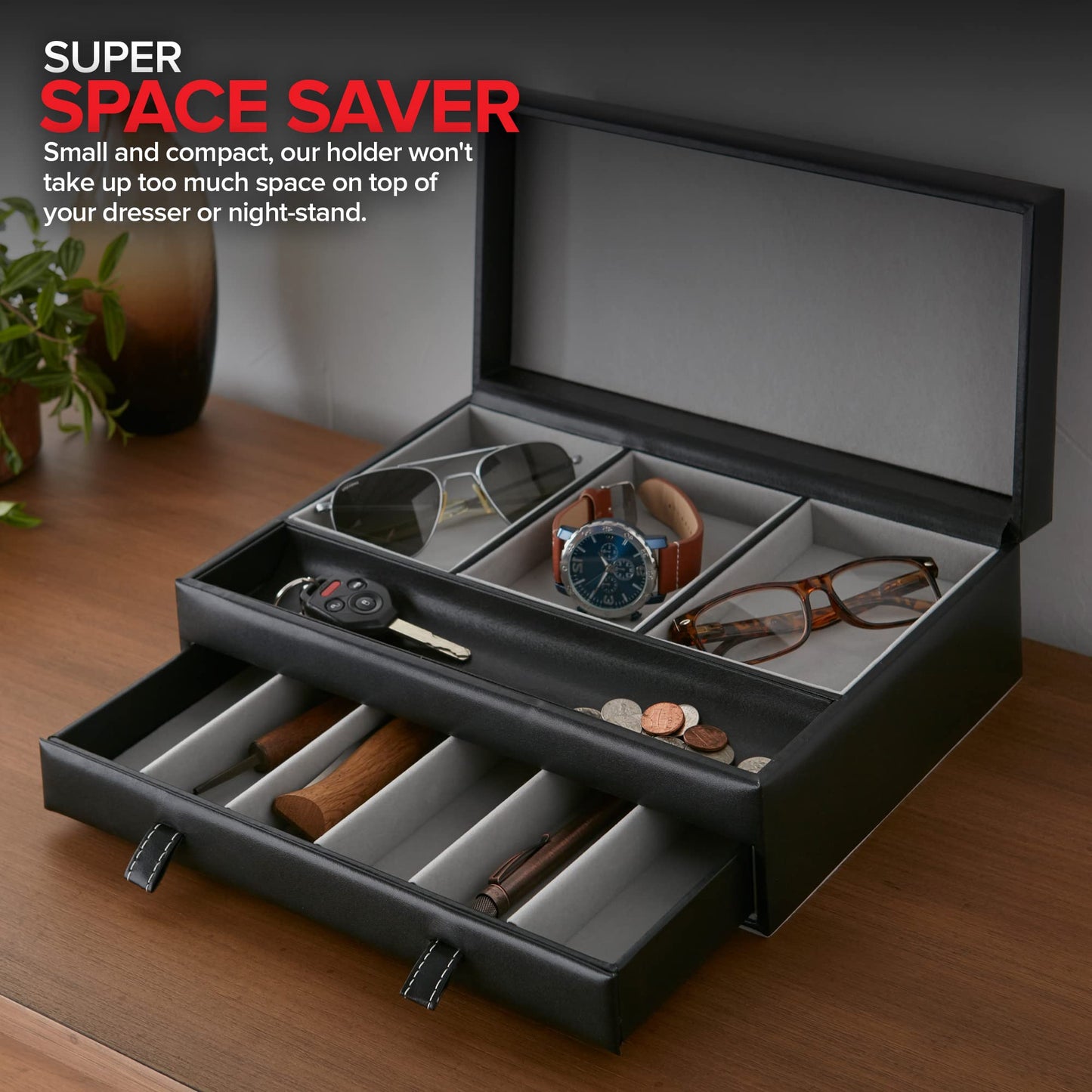Stock Your Home Mens Valet Tray, Men's Jewelry Box, Night Stand Organizers and Storage, Bedside Table Organizer, Watch Box for Dresser, Faux Leather (Black & Gray)