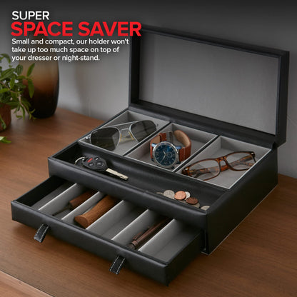 Stock Your Home Mens Valet Tray, Men's Jewelry Box, Night Stand Organizers and Storage, Bedside Table Organizer, Watch Box for Dresser, Faux Leather (Black & Gray)