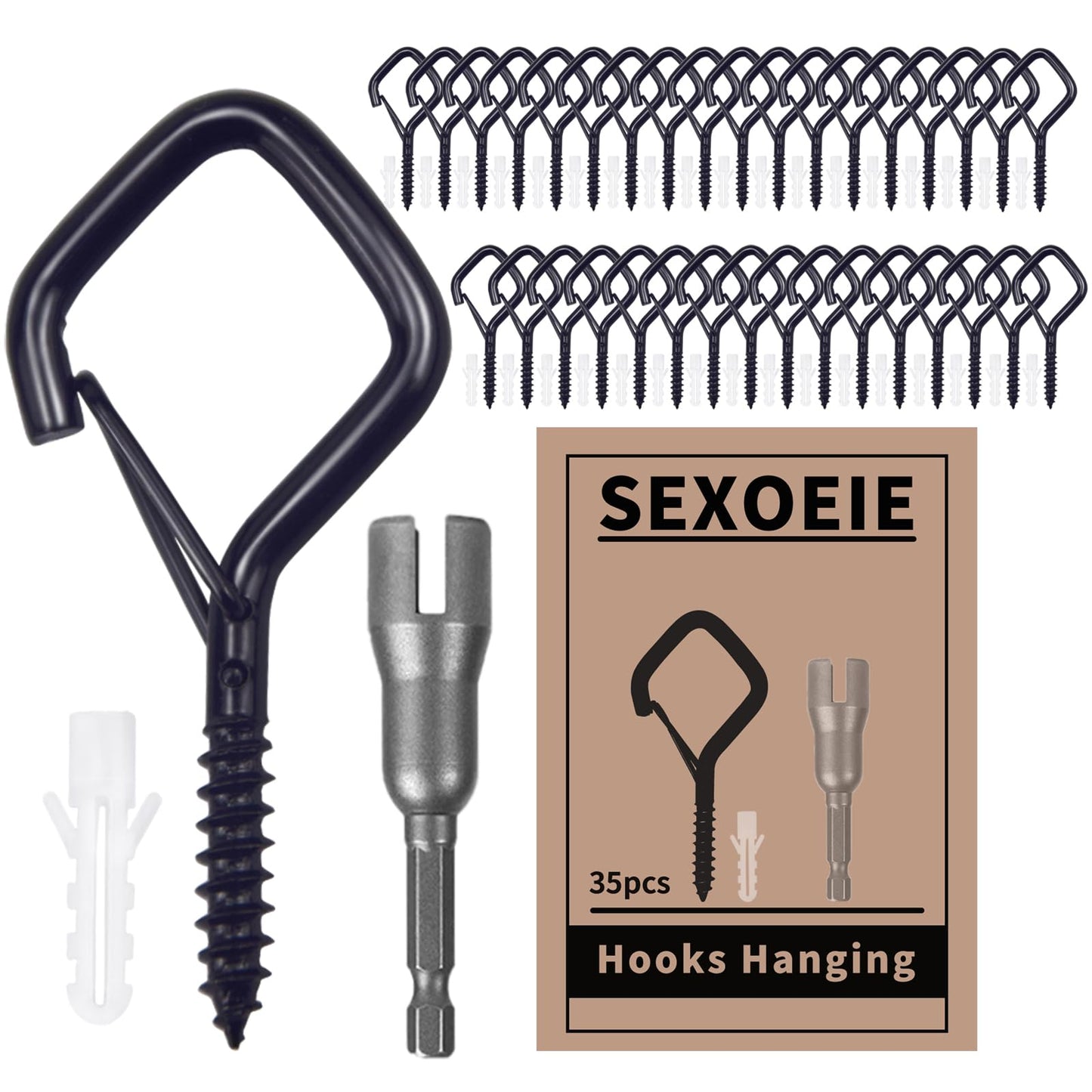 Sexoeie 35 PCS Eye Screw Hooks for Hanging Heavy Duty with Safety Buckle.Metal Ceiling Hooks for Hanging Plants,Cup,Wind Chime,Bird Feeders,Christmas String Lights at Indoor&Outdoor,2.36 Inches Black