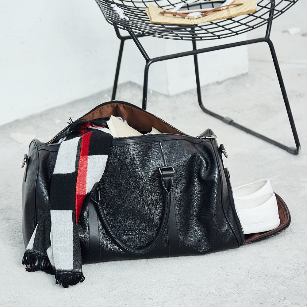 BOSTANTEN Genuine Leather Travel Weekender Overnight Duffel Bag Gym Sports Luggage Tote Duffle Bags for Men Medium: 18.5"X9.25"X10.50"