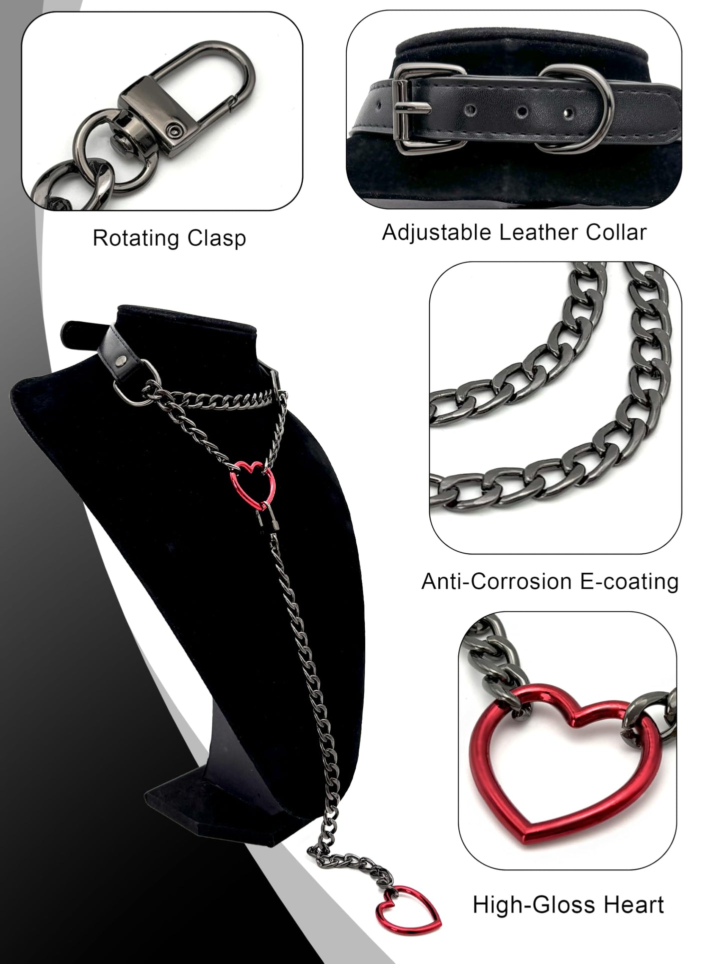 EverGlimp Heart O-Ring Slip Chain Choker Collar Necklace for Women, Adjustable Vegan Leather Punk Necklace with Swivel Clasp & Heart Charm