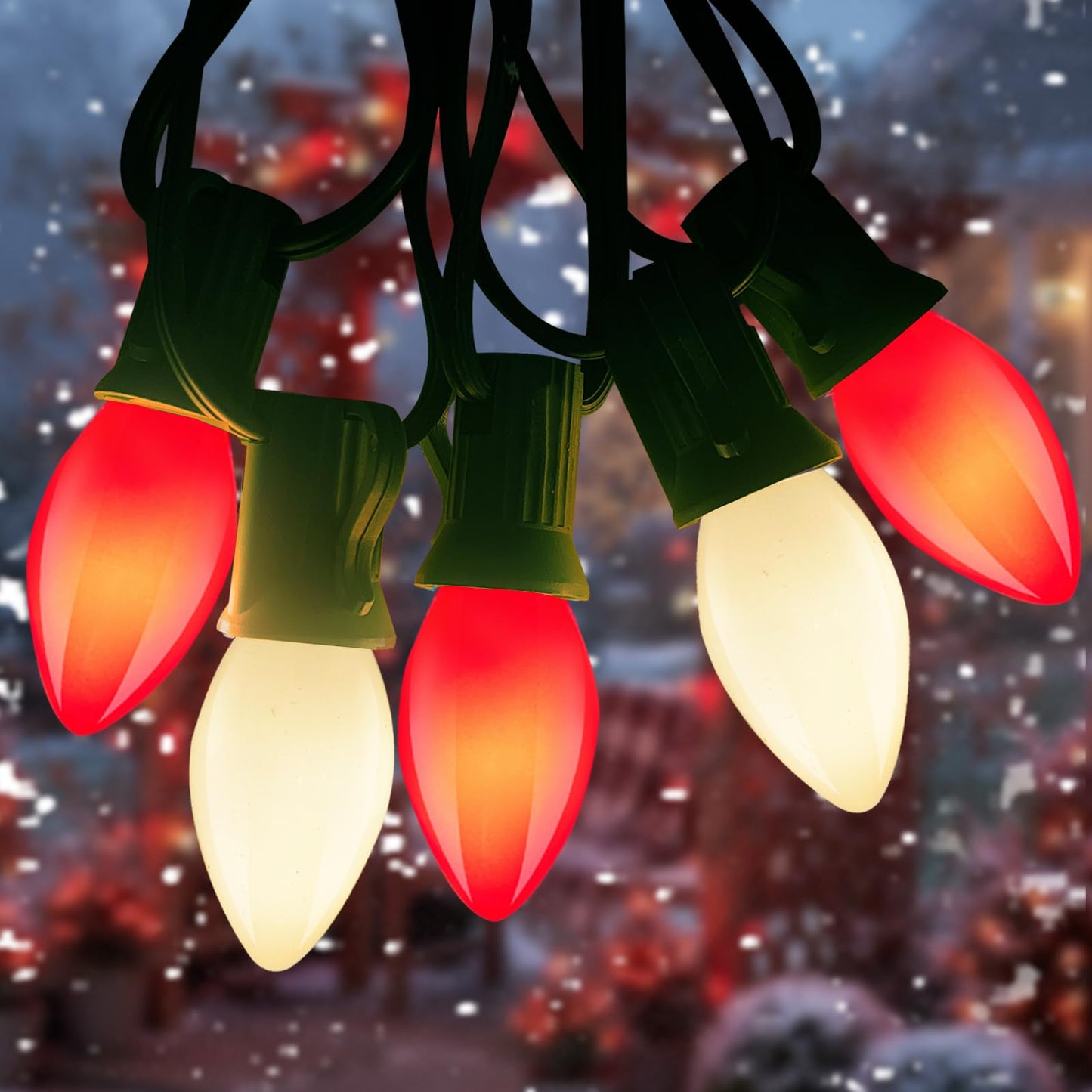 Konictom C7 LED Red and White Christmas Lights,25ft Outdoor String Lights with 27 Red White LED Bulbs(2 Spare),Connectable Outside Christmas Lights for Xmas Tree Party Roof Decoration,Green Wire