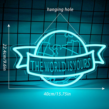 The World Is Yours Neon Sign Motivational Blue LED Neon Light for Classroom, Bedroom Man Cave Wall Decor Dimmable, Unique Birthday Christmas Gift for Kids, Teens, Adults