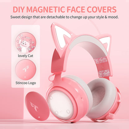 SOMIC GS510 Gaming Headset, Cat Ear Headset PC Gaming Headphones with Retractable Mic Noise Cancelling, Stereo Sound, DIY Face Covers for PC, PS4, PS5,Xbox One(Only White LED Light)-Pink