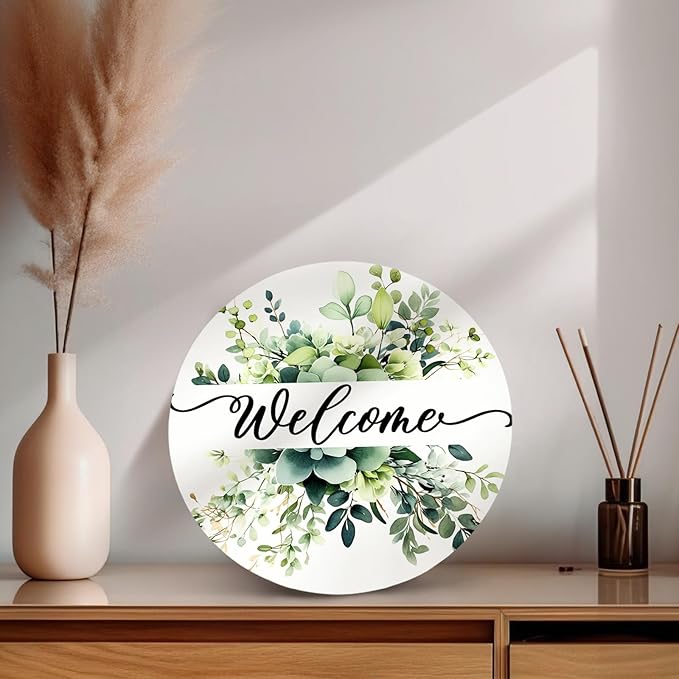 Spring Summer Welcome Door Sign Green Eucalyptus Leaf Wooden Door Hanger Floral Leaves Front Door Hanging Sign for Outdoor Home Farmhouse Porch Sign Decor