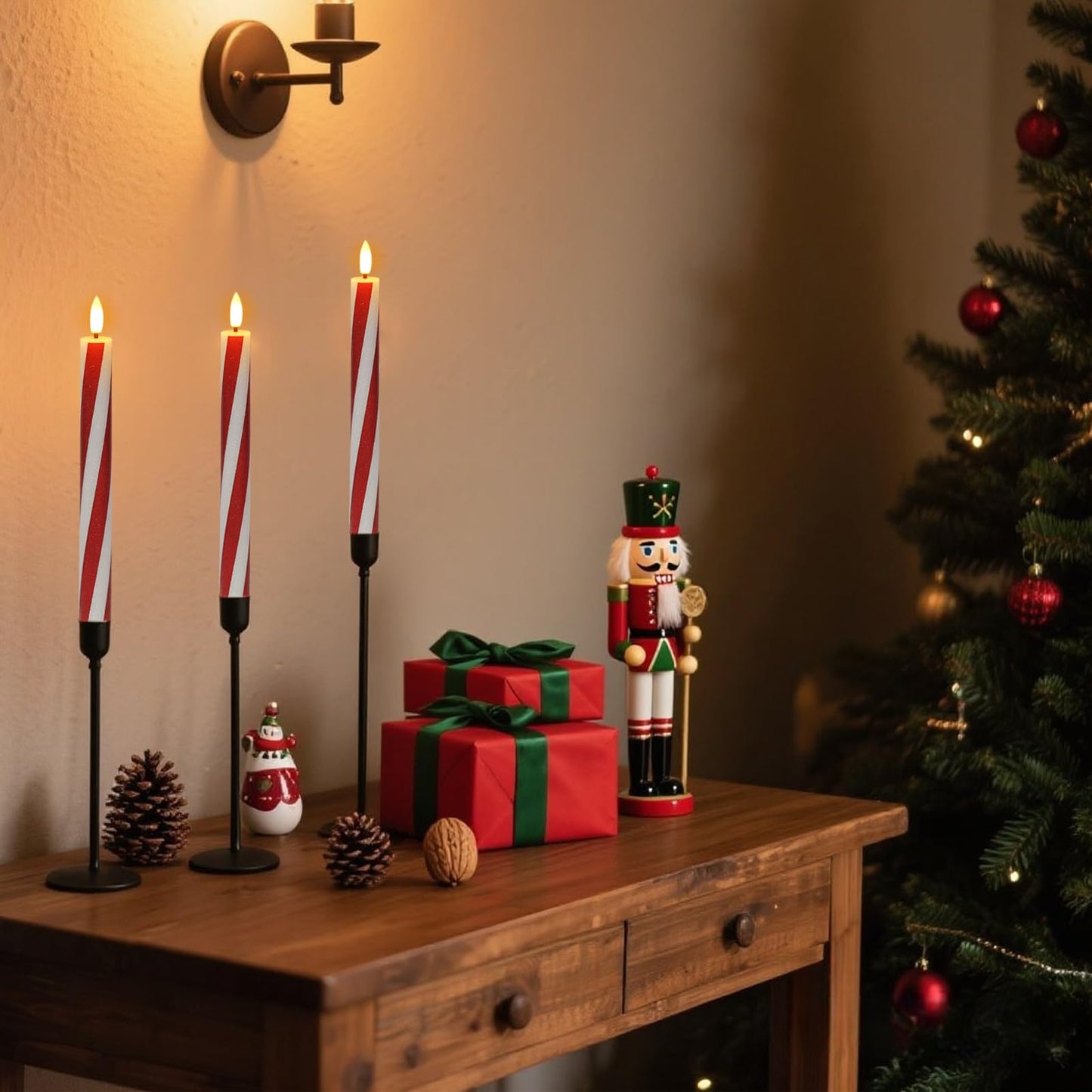 DRomance Christmas Flameless Taper Candles Flickering Battery Operated with Remote Timer, 2 Pack Real Wax 3D Wick LED Taper Candles Candy Cane Decals Holiday Indoor Dinner Decor(0.76" D x 9.65" H)
