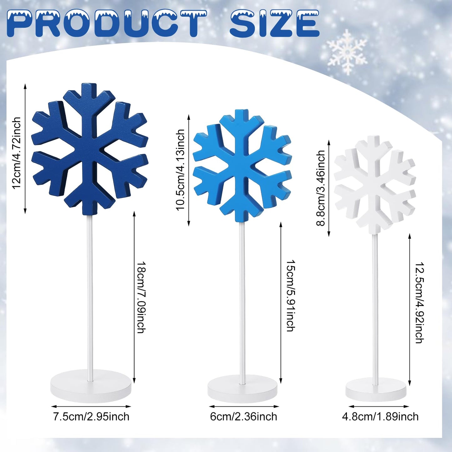 Spiareal 3 Pcs Standing Wooden Snowflakes Block Tabletop Decor Wood Snowflake Centerpiece Ornaments Rustic Home Decor for Winter(Dark Blue, Light Blue, White)