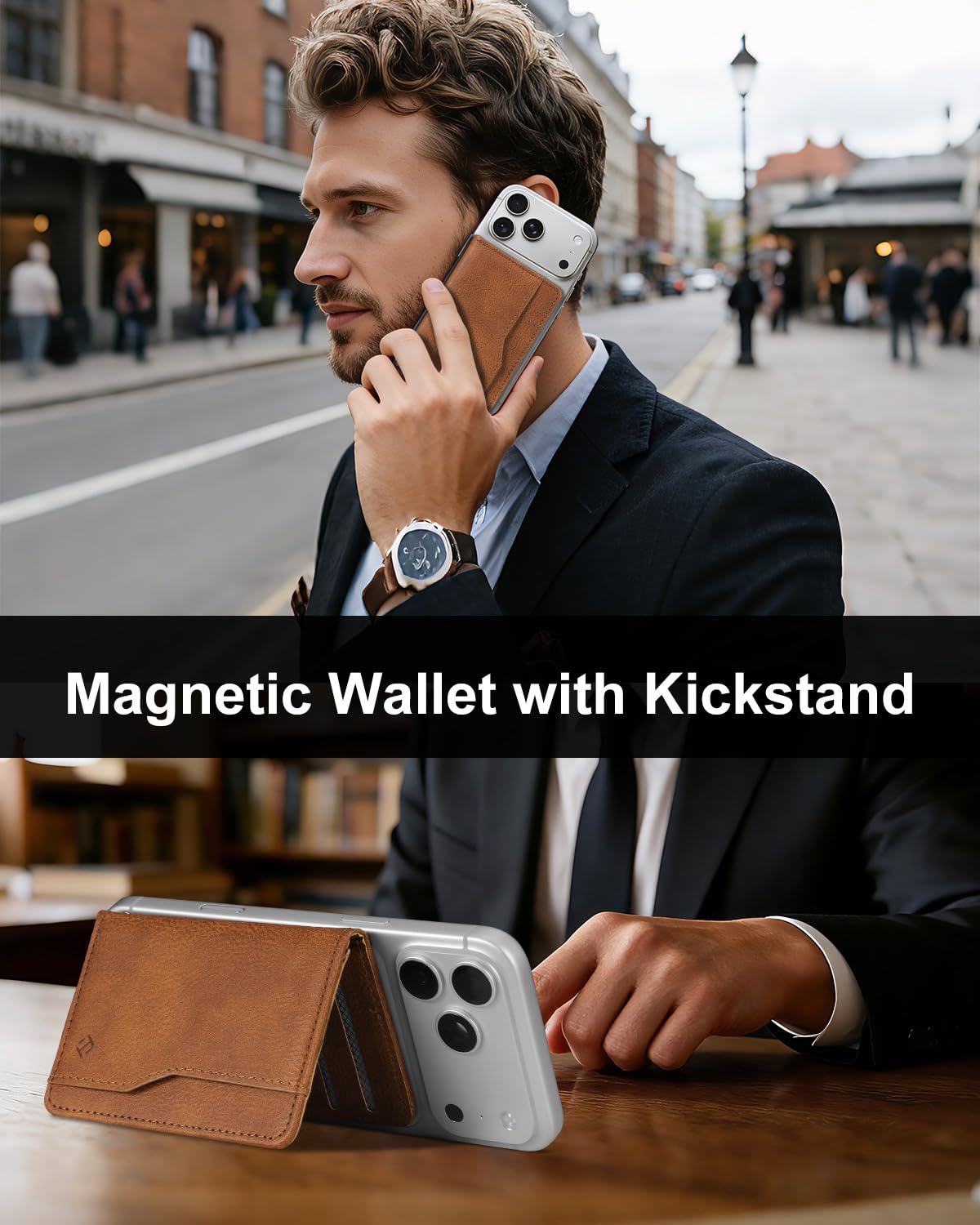 FINPAC for MagSafe Wallet, Stronger Magnetic RFID Blocking Minimalist Phone Wallet for iPhone, Galaxy, Pixel, MagSafe Compatible Card Case, Detachable Bifold for Men & Women, Brown
