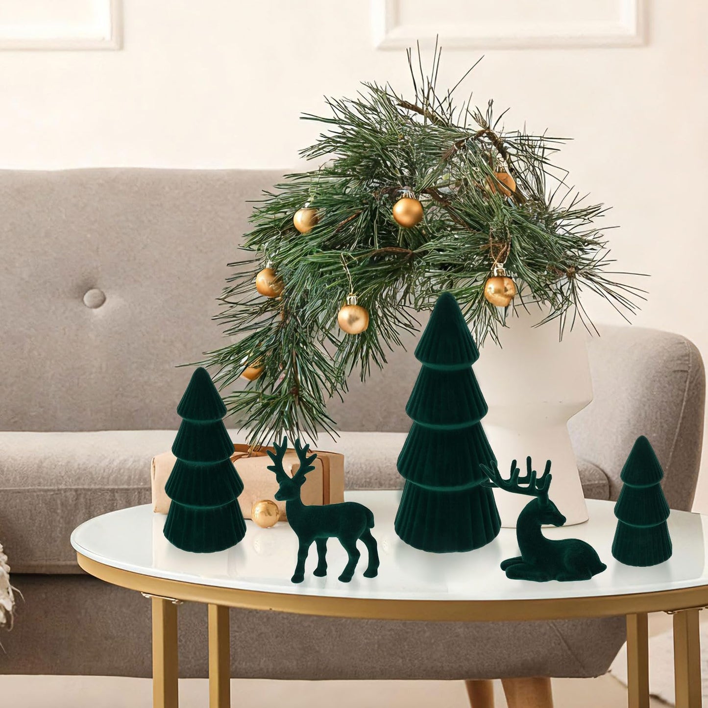 Amyhill 5 Pack Christmas Velvet Reindeer & Tree Decor Christmas Reindeer Decor Tree Figurine for Indoor Home Decoration Tabletop Mantle Cabinet Desktop Office(Green)