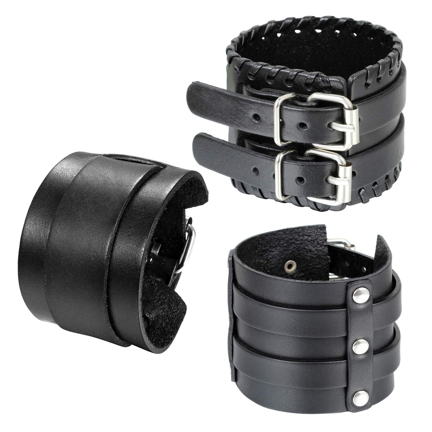 Cupimatch 3 Pcs Black Adjustable Leather Bracelet, Punk Rock Wide Leather Belt Cuff Bangle Wristband for Men for Father's Day